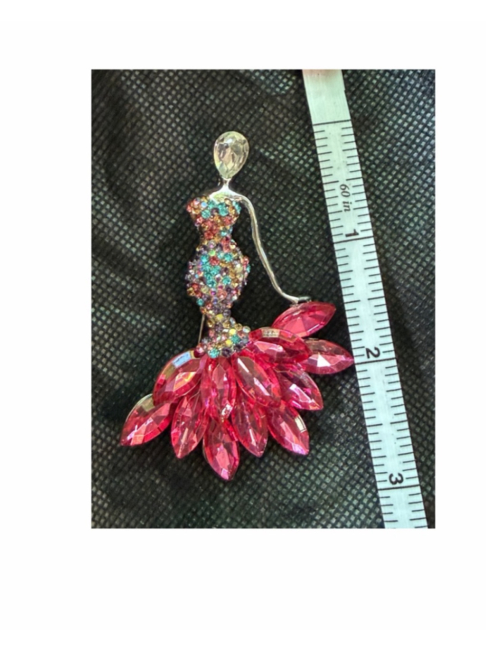 Lady wearing a vibrant pink and multi-colored crystal gown Brooch One Size - Picture 3 of 3